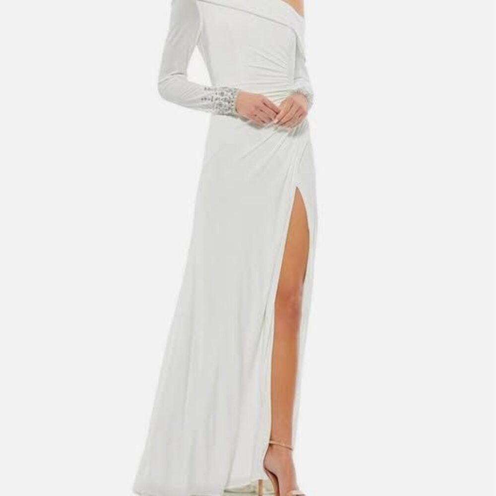 MAC DUGGAL White Beaded Cuff Drop Shoulder Faux Wrap Gown